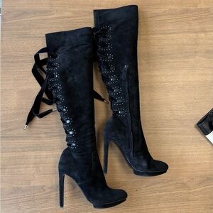 Runway Alexander McQueen Black Suede Lace-Up Over-the-Knee Boots